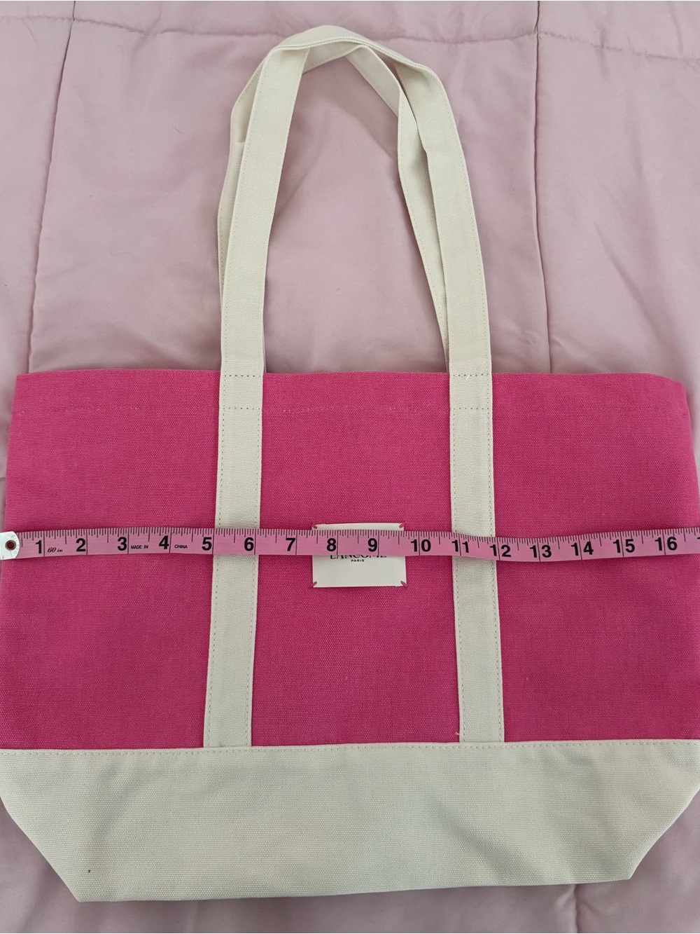 NWT Lancôme Pink Canvas Tote Bag with Cream Trim, size 17x12 boho beach Barbie - Picture 4 of 9